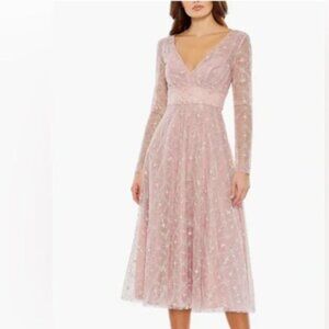 NWT MAC DUGGAL EMBELLISHED ILLUSION LONG SLEEVED MIDI DRESS PINK 24 68003